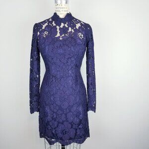 Betsey Johnson Navy Blue Corded Eyelash Lace Long Sleeve Lined Dress Size 0